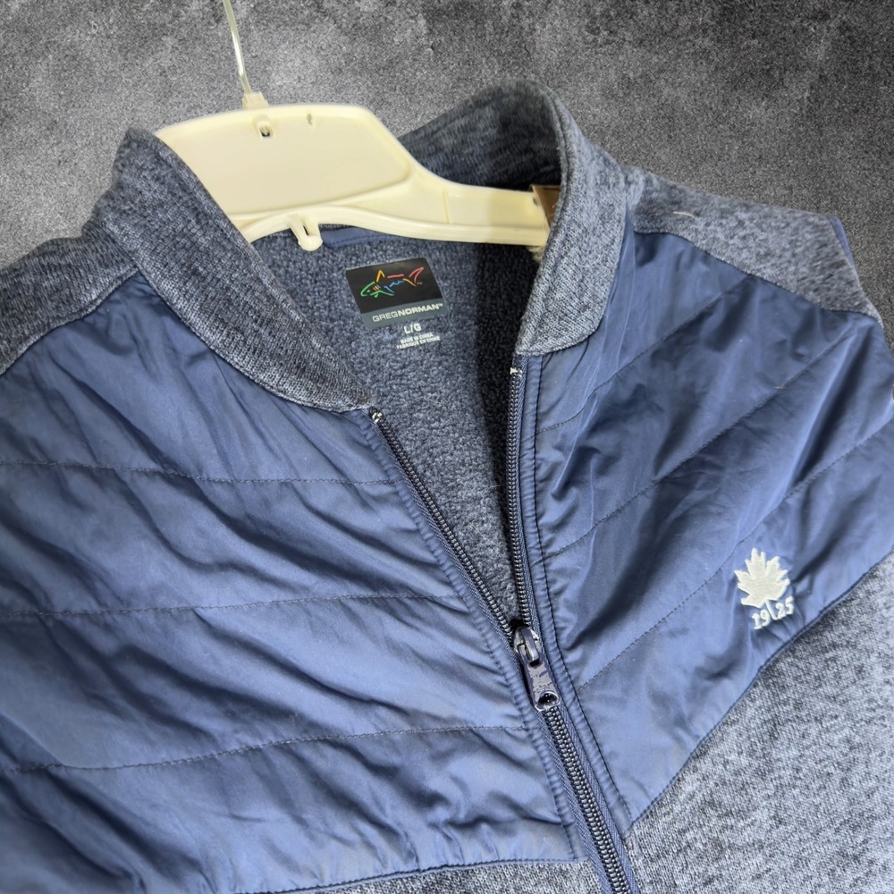 Greg Norman Mens Large Golf Vest Blue Gray Quilted Hybrid Full Zip Maple Leaf